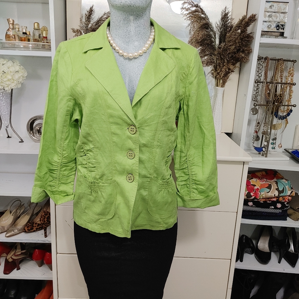 Ecru 100% Linen Blouse Green 3/4 Sleeve Size M